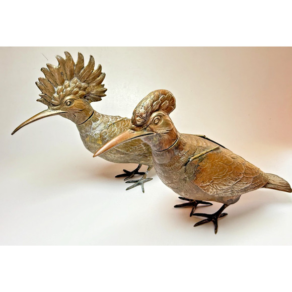 Antique 19th Century German Hoopoe Bird Figural Brass Decanters Articulated Wing - Picture 2 of 16